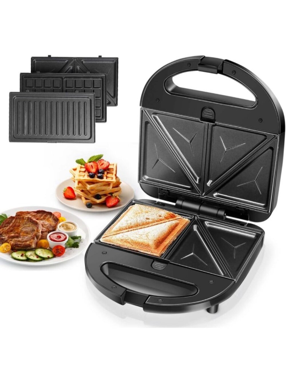 3-in-1 Electric Sandwich Maker with Removable Non-Stick Plates & Easy Cleanup